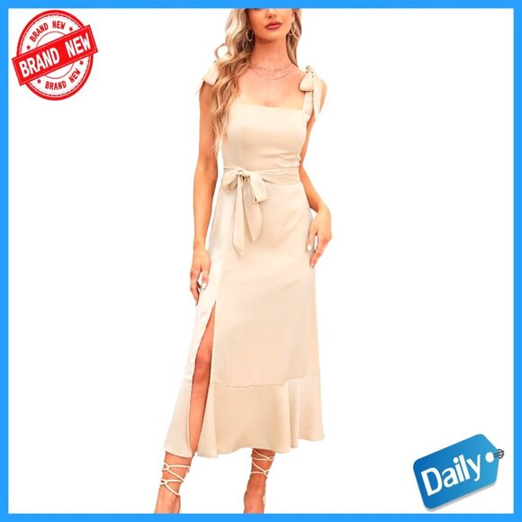 Dresses & Skirts - Square Neck Ruffle Split Midi Formal Dress, Detachable Sash, Smocked Back